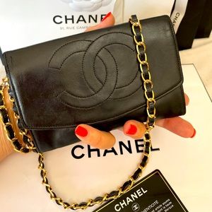 CHANEL Timeless Black Leather CC Wallet with Chain